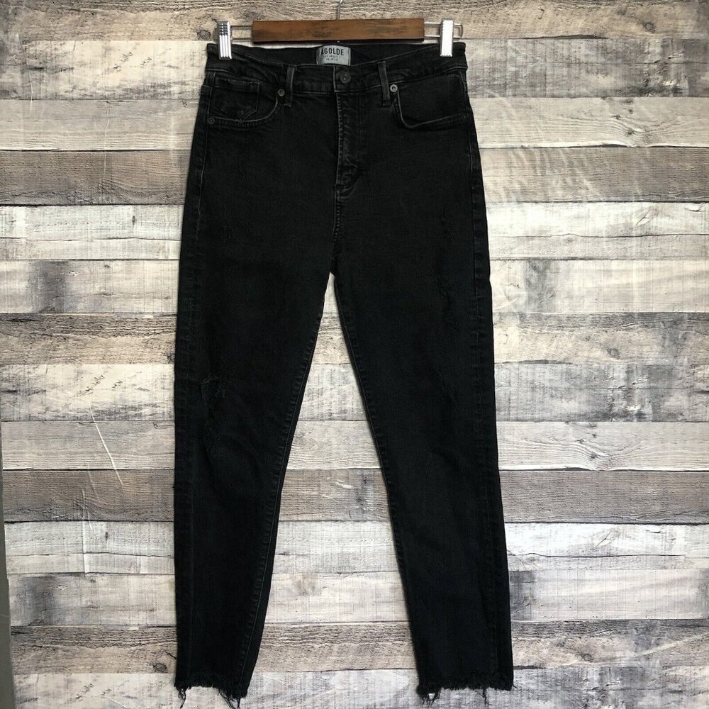 Agolde Feel Good Black Skinny Jeans Distressed Raw Hem Womens Size 28